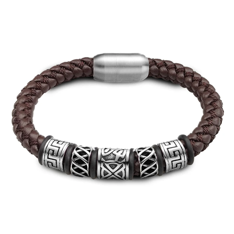 Punk Style Coffee Leather Bracelet 316L Stainless Steel 5 Viking Bead Bracelet Powerful Magnet Clasp 4 Color Friend Gifts