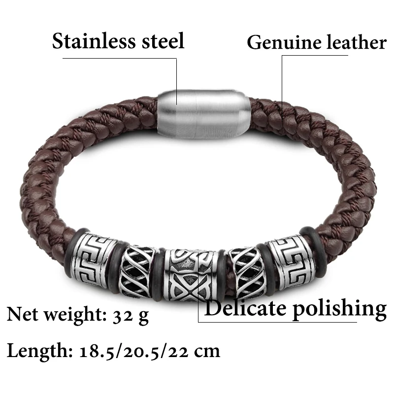 Punk Style Coffee Leather Bracelet 316L Stainless Steel 5 Viking Bead Bracelet Powerful Magnet Clasp 4 Color Friend Gifts