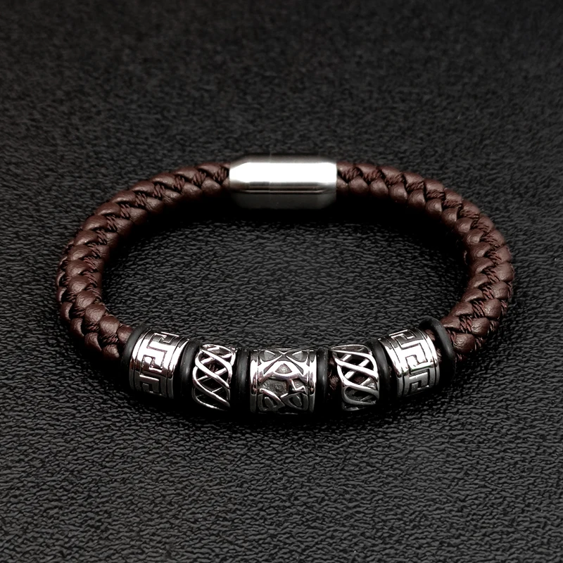 Punk Style Coffee Leather Bracelet 316L Stainless Steel 5 Viking Bead Bracelet Powerful Magnet Clasp 4 Color Friend Gifts