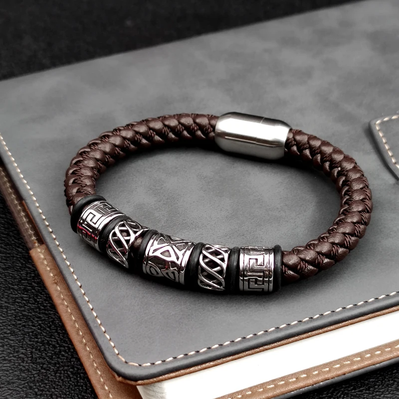 Punk Style Coffee Leather Bracelet 316L Stainless Steel 5 Viking Bead Bracelet Powerful Magnet Clasp 4 Color Friend Gifts