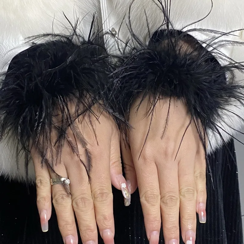 Real Ostrich Feather Cuffs women Wrist Sleeve fur cuff Luxury Furry Feather feather cuff snap bracelet Lady Feather Anklets