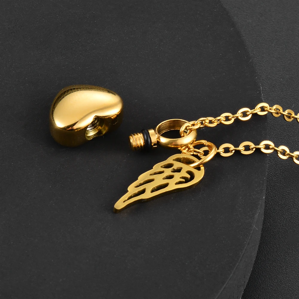 Stainless Steel Small Heart Angel Wing Cremation Ash Urn Necklace Heart Pendant For Memorial Jewelry
