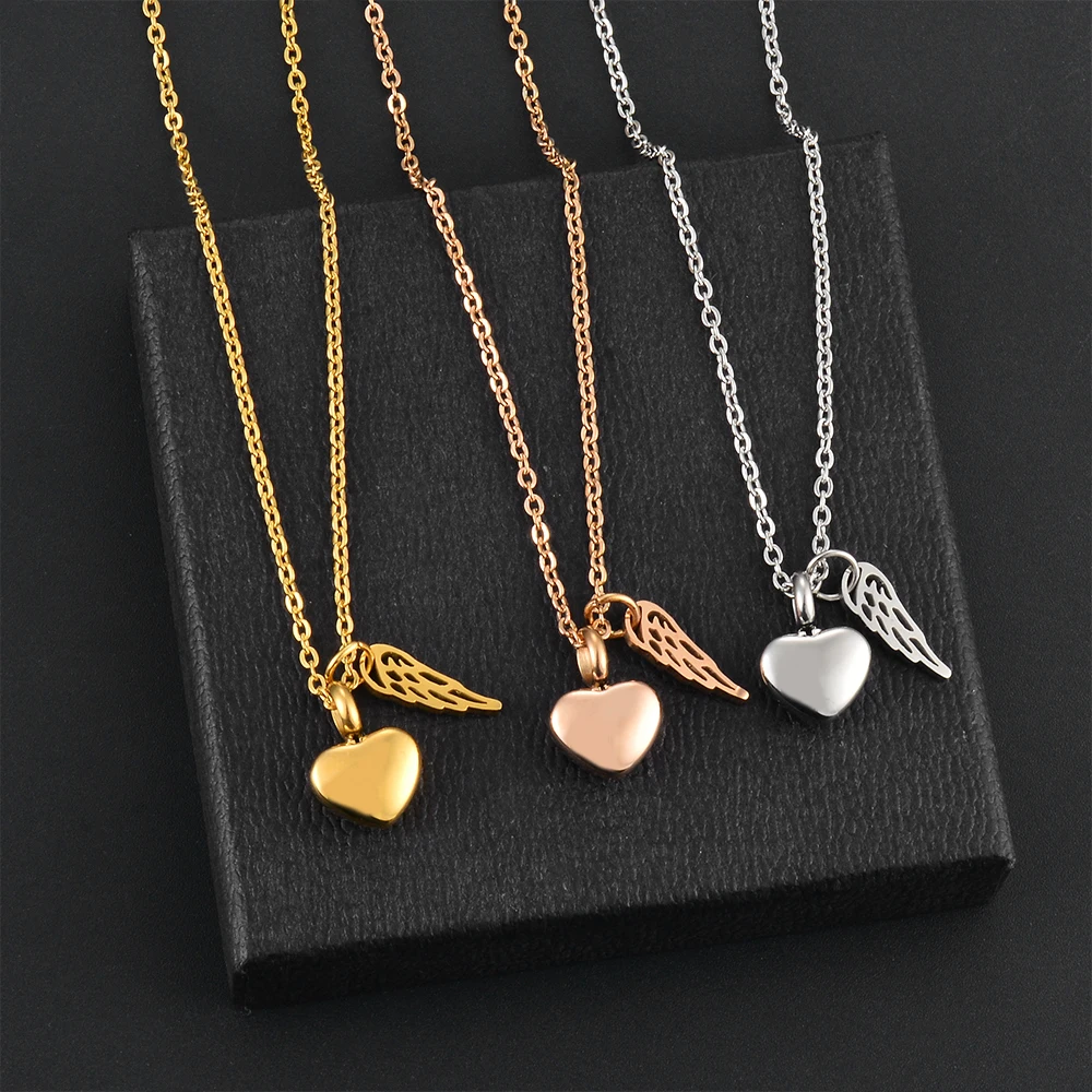 Stainless Steel Small Heart Angel Wing Cremation Ash Urn Necklace Heart Pendant For Memorial Jewelry