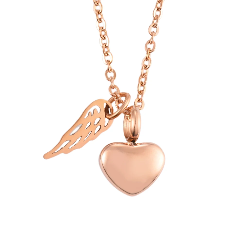 Stainless Steel Small Heart Angel Wing Cremation Ash Urn Necklace Heart Pendant For Memorial Jewelry