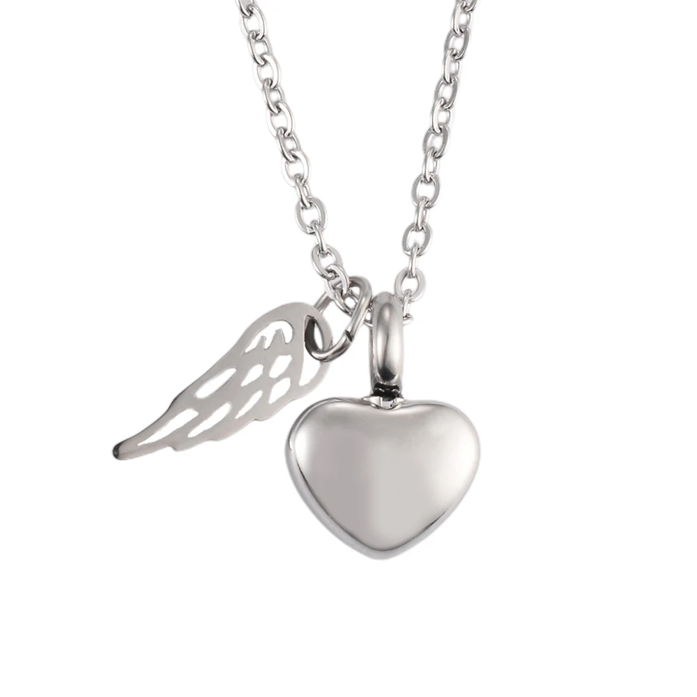 Stainless Steel Small Heart Angel Wing Cremation Ash Urn Necklace Heart Pendant For Memorial Jewelry