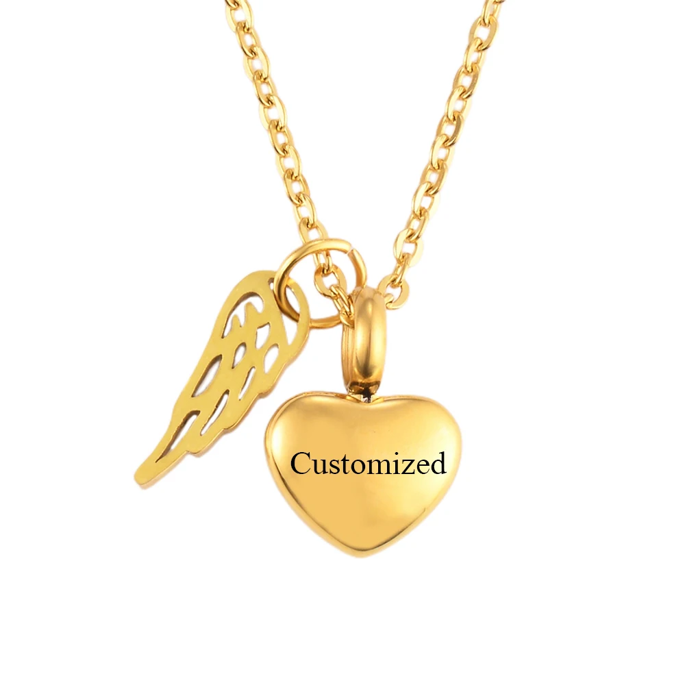 Stainless Steel Small Heart Angel Wing Cremation Ash Urn Necklace Heart Pendant For Memorial Jewelry