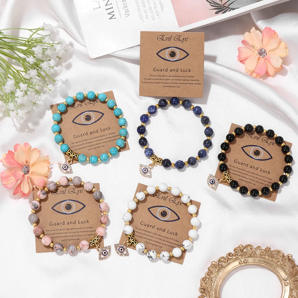 Lucky Turkish Evil Eye Pendant Beads Bracelet Natural Stone With Card Charm Bangles Men Women Fashion Friendship Jewelry Gift