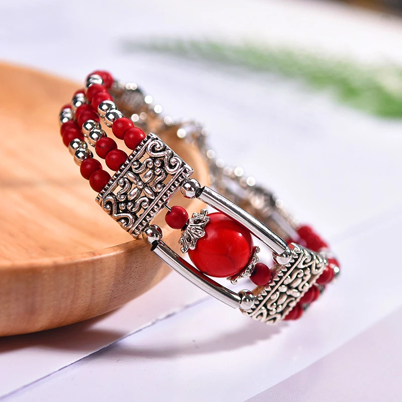 Vintage Natural Stone Bohemian Bracelet For Women Handmade Jewelry Blue Round Beads Carved Boho Bracelets Bangles Femme Pulseras