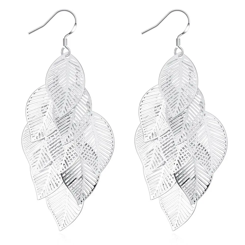 925 Sterling Silver Earrings fashion Jewelry Woman Layered Hollow Leaves Tassel Long Drop earrings Trendsetter Christmas Gifts