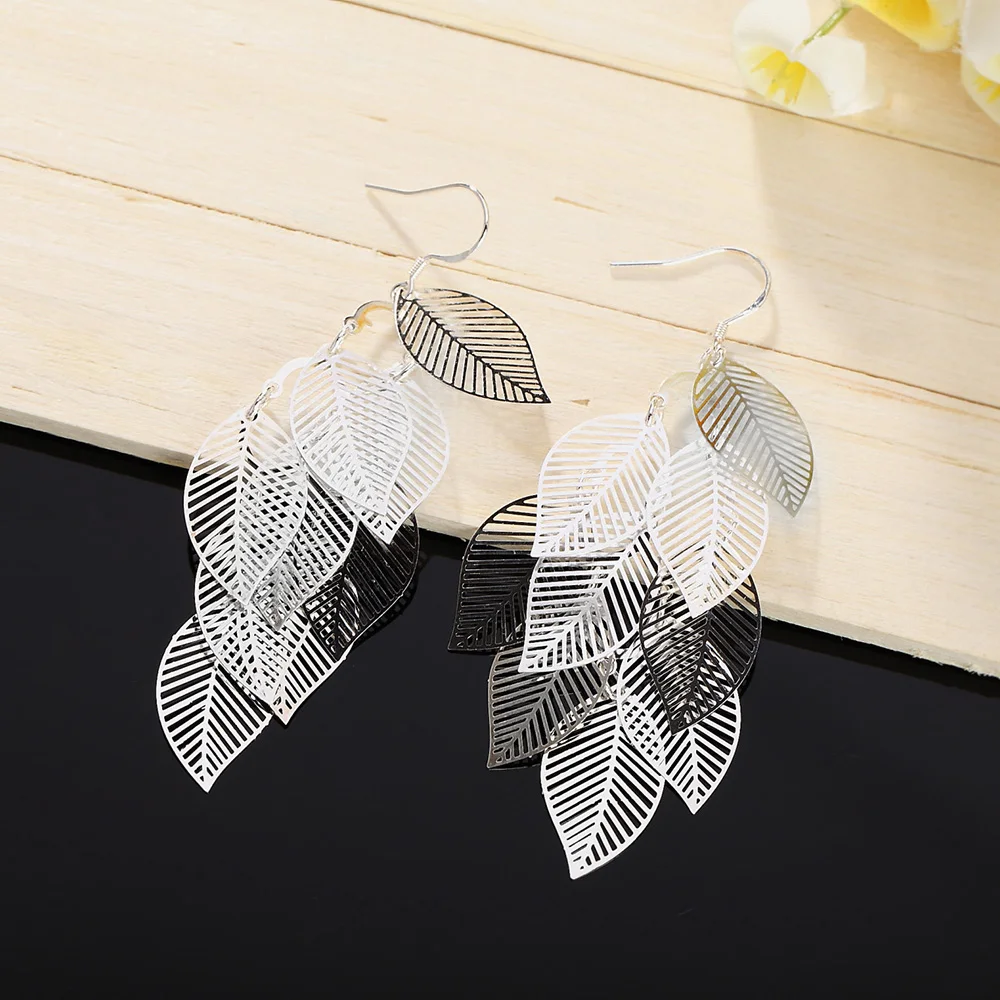 925 Sterling Silver Earrings fashion Jewelry Woman Layered Hollow Leaves Tassel Long Drop earrings Trendsetter Christmas Gifts