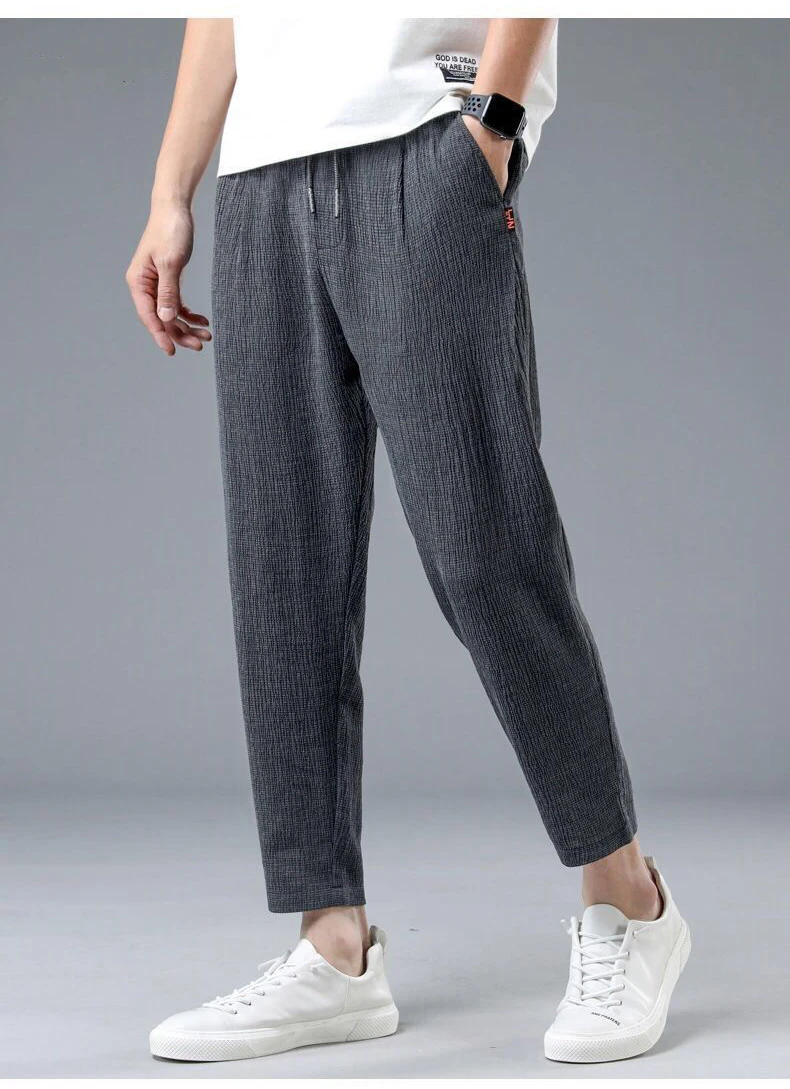 Summer Ice Silk Man Jogger Linen Pants Casual Wide Summer Sweatpants Male Spring Lightweight Halking Harem Trousers
