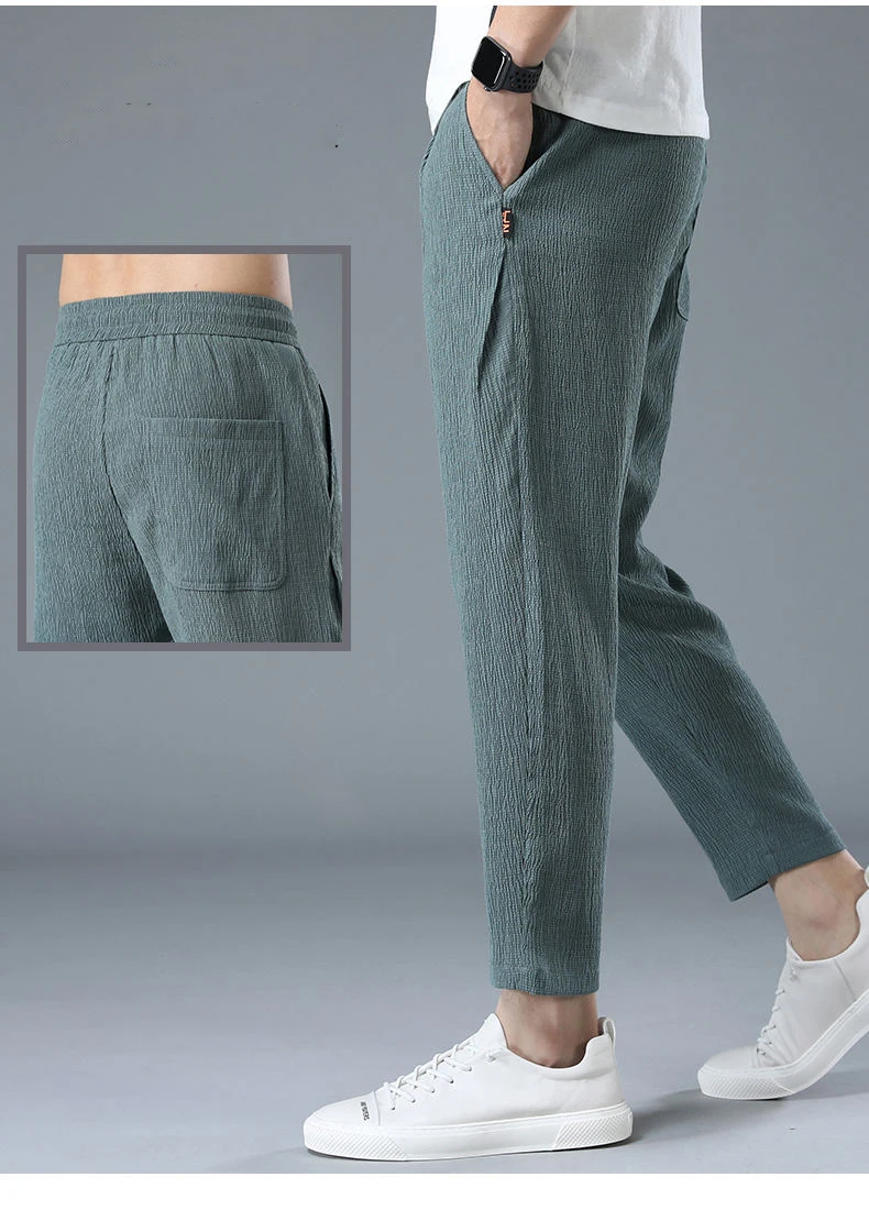Summer Ice Silk Man Jogger Linen Pants Casual Wide Summer Sweatpants Male Spring Lightweight Halking Harem Trousers