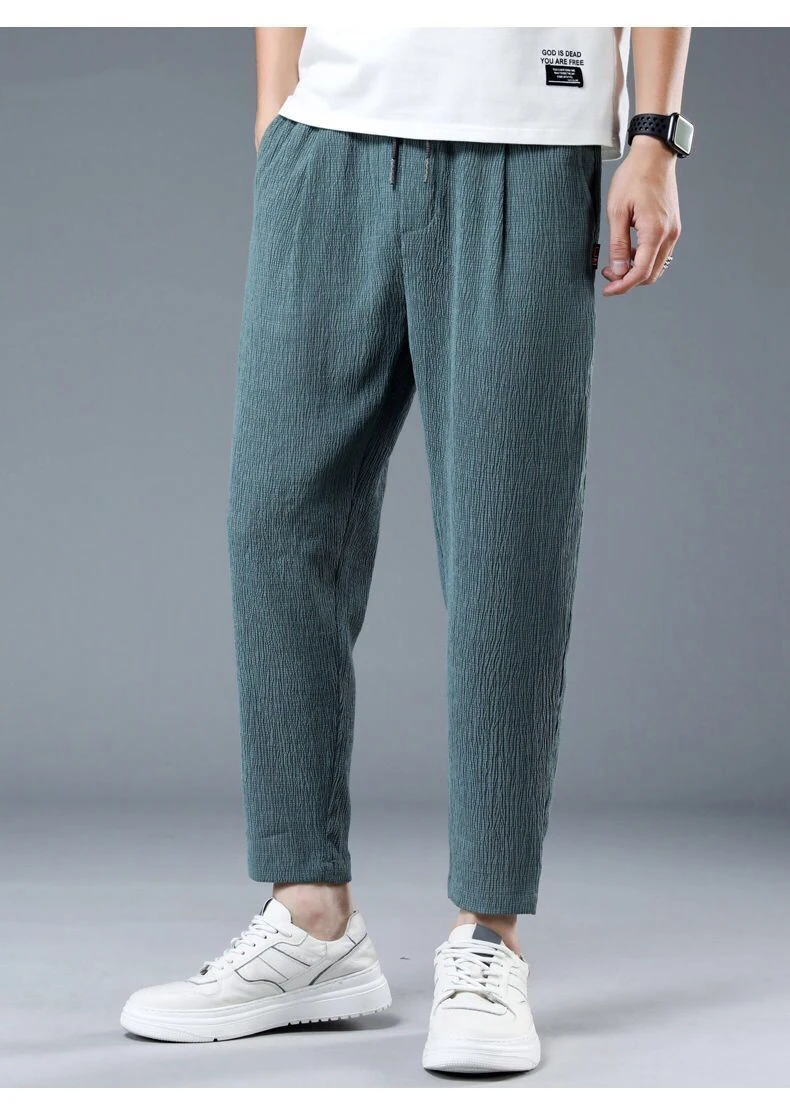 Summer Ice Silk Man Jogger Linen Pants Casual Wide Summer Sweatpants Male Spring Lightweight Halking Harem Trousers