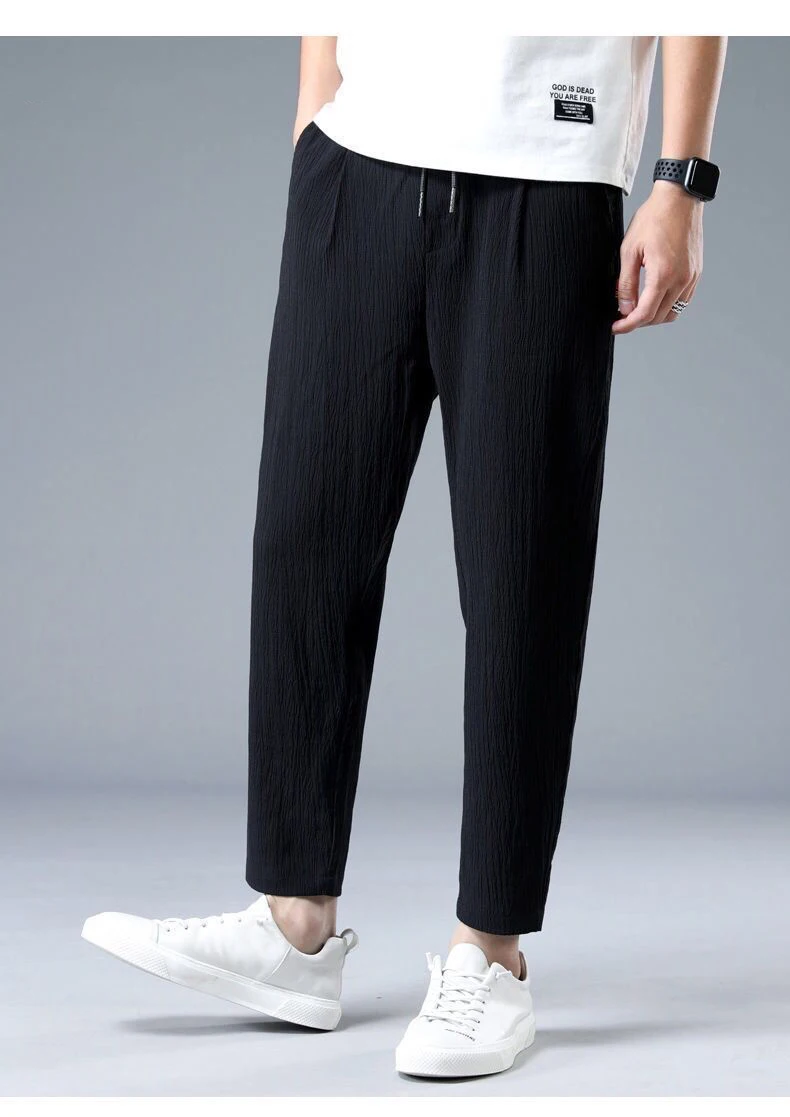 Summer Ice Silk Man Jogger Linen Pants Casual Wide Summer Sweatpants Male Spring Lightweight Halking Harem Trousers