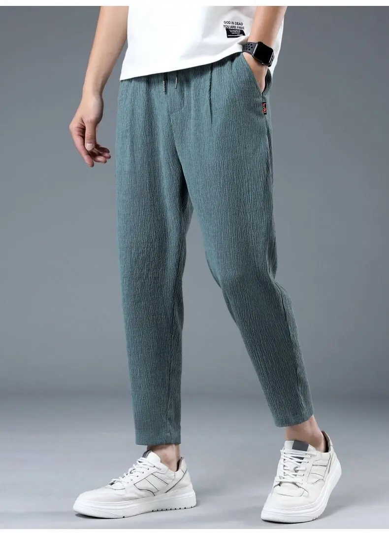 Summer Ice Silk Man Jogger Linen Pants Casual Wide Summer Sweatpants Male Spring Lightweight Halking Harem Trousers