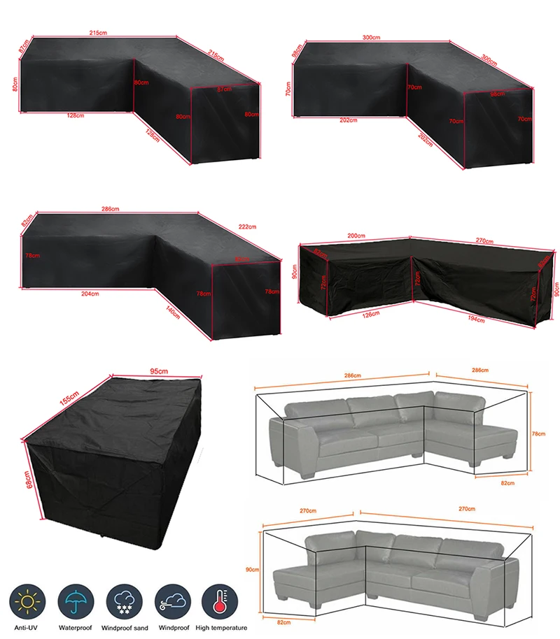 15 sizes Corner Outdoor Sofa Cover Garden Rattan Corner Furniture Cover V Shape L ShapeWaterproof Sofa Protect Set Dust Covers