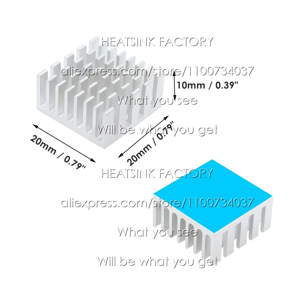 20x20x10mm Silver / Black Anodized Slotted Aluminum Heat Sink Cooler Radiator Heatsink With Thermal Conductive Pad Tape