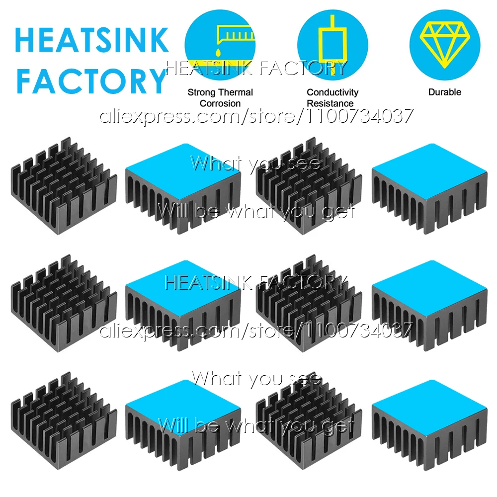20x20x10mm Silver / Black Anodized Slotted Aluminum Heat Sink Cooler Radiator Heatsink With Thermal Conductive Pad Tape