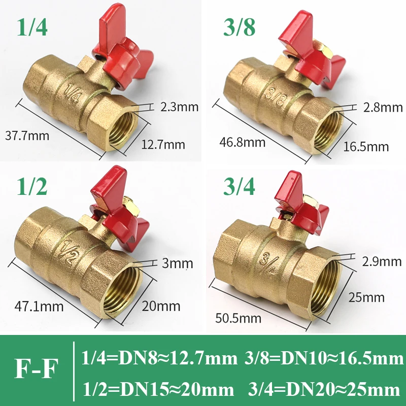 Brass Shut Off Ball Valve With Butterfly Handle For Fuel Gas Water Oil Air 1/4" 3/8" 1/2" 3/4" Female To Female Thread Two Way