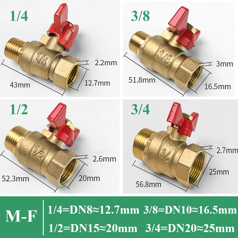 Brass Shut Off Ball Valve With Butterfly Handle For Fuel Gas Water Oil Air 1/4" 3/8" 1/2" 3/4" Female To Female Thread Two Way