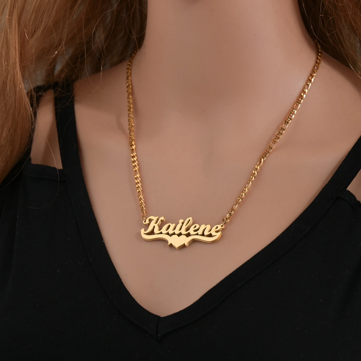 Atoztide Customized Name Hip Hop Letter Necklace Double Thick Plated Figaro Chain Piercing Carving Pendants for Women Gift