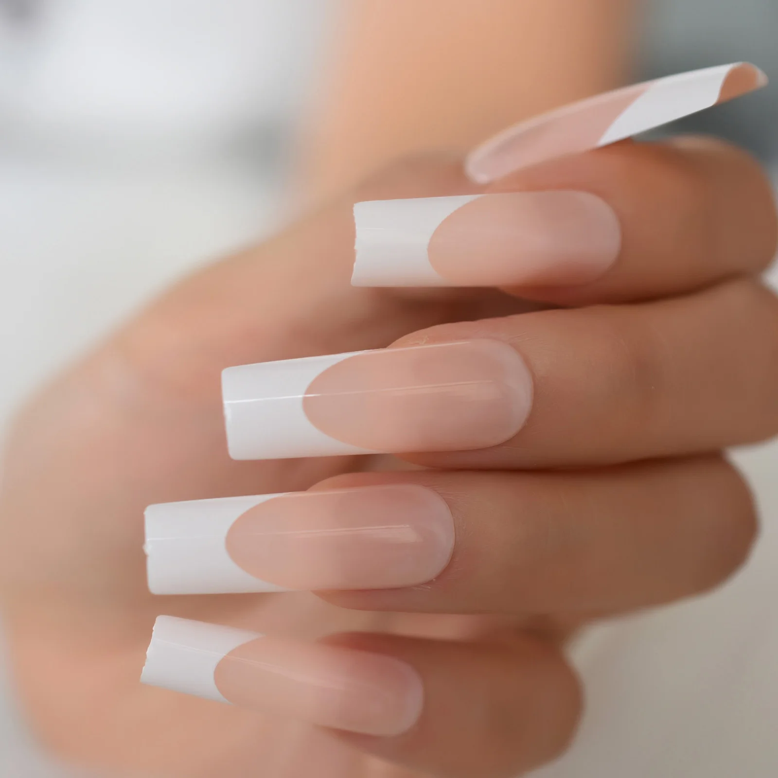 24pcs Long Square Fake Nails Nude White French Tip Press On Nails Full Cover Glossy Gel False Nail Art Manicure for Women