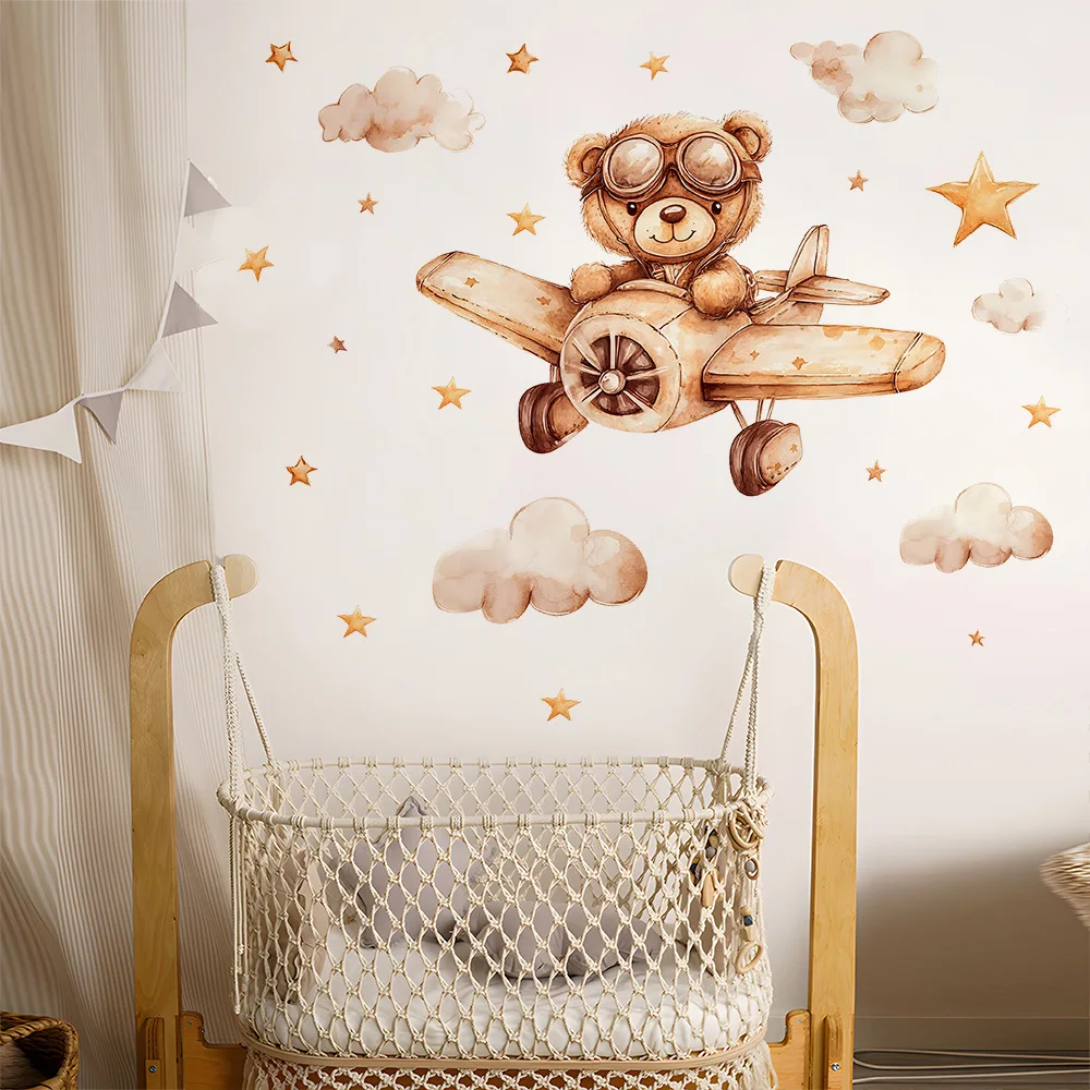 Cute Bear Star Cloud Wall Stickers for Kids Rooms Girls Boys Baby Room Bedroom Decoration Kawaii Cartoon Animal Wallpaper Vinyl
