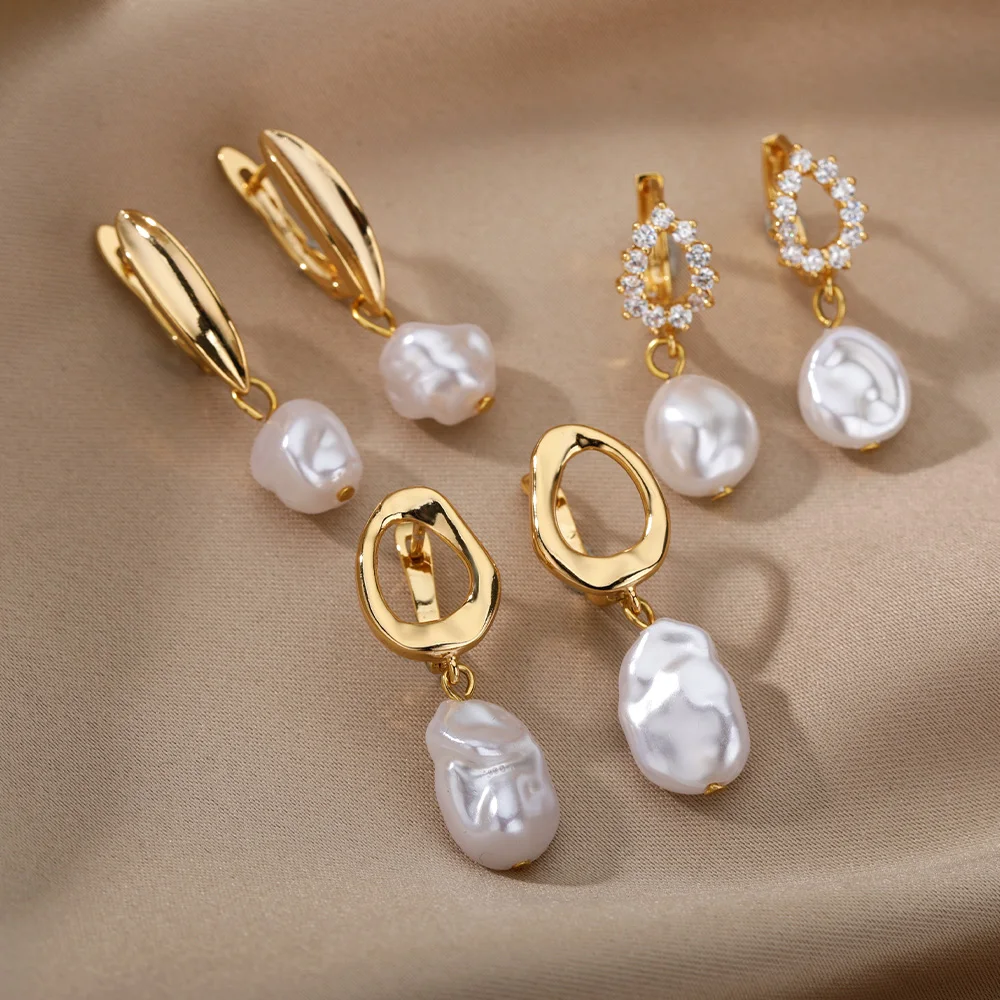Baroque Pearl Earrings For Women Stainless Steel Zircon Water Droplet Steel Ring Drop Earring Wedding Party Jewelry Bijoux Femme