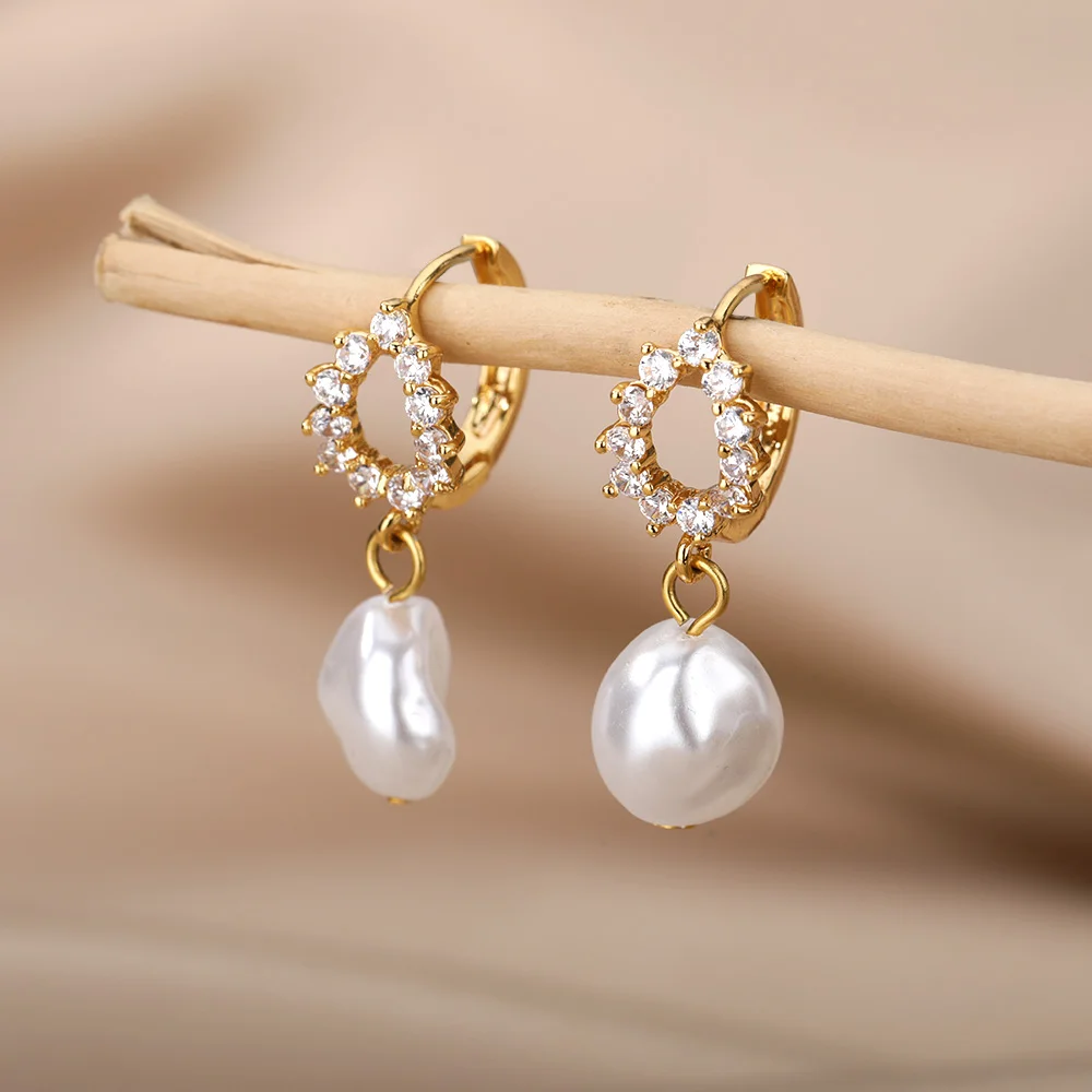 Baroque Pearl Earrings For Women Stainless Steel Zircon Water Droplet Steel Ring Drop Earring Wedding Party Jewelry Bijoux Femme