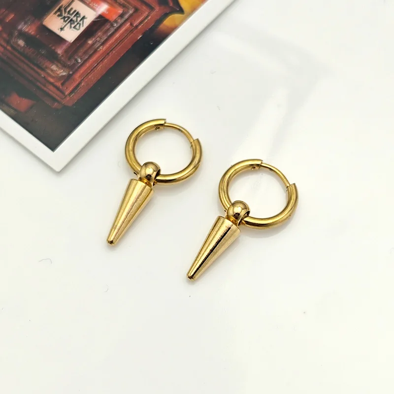 Rock Cone Pendant Hoop Earrings Female Men Stainless Steel Geometric Cartilage Single Earring Hip Hop Piercing Jewelry