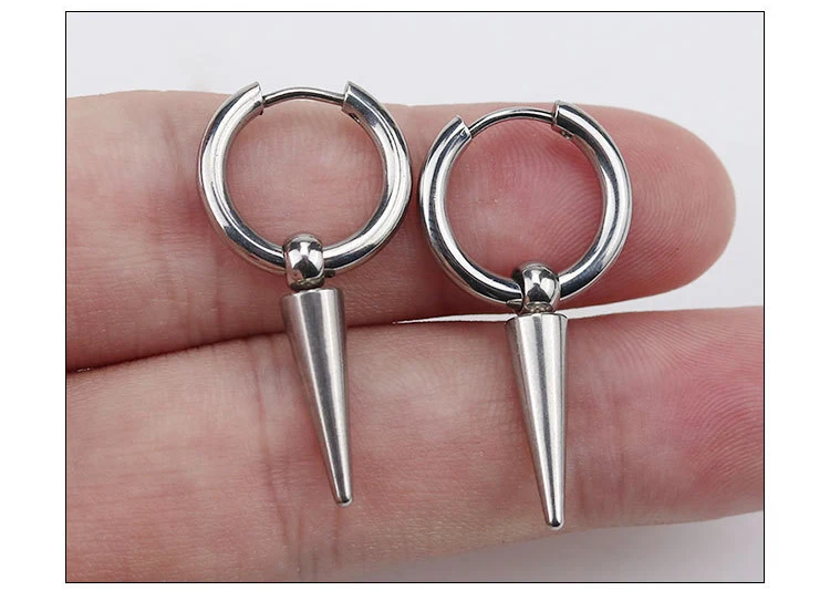 Rock Cone Pendant Hoop Earrings Female Men Stainless Steel Geometric Cartilage Single Earring Hip Hop Piercing Jewelry