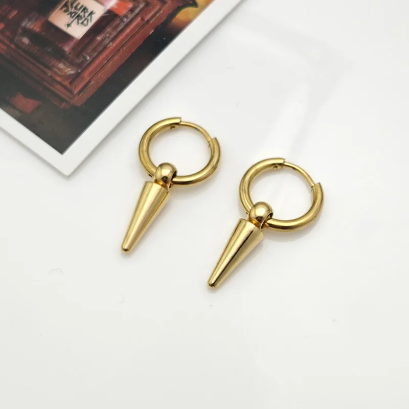 Rock Cone Pendant Hoop Earrings Female Men Stainless Steel Geometric Cartilage Single Earring Hip Hop Piercing Jewelry