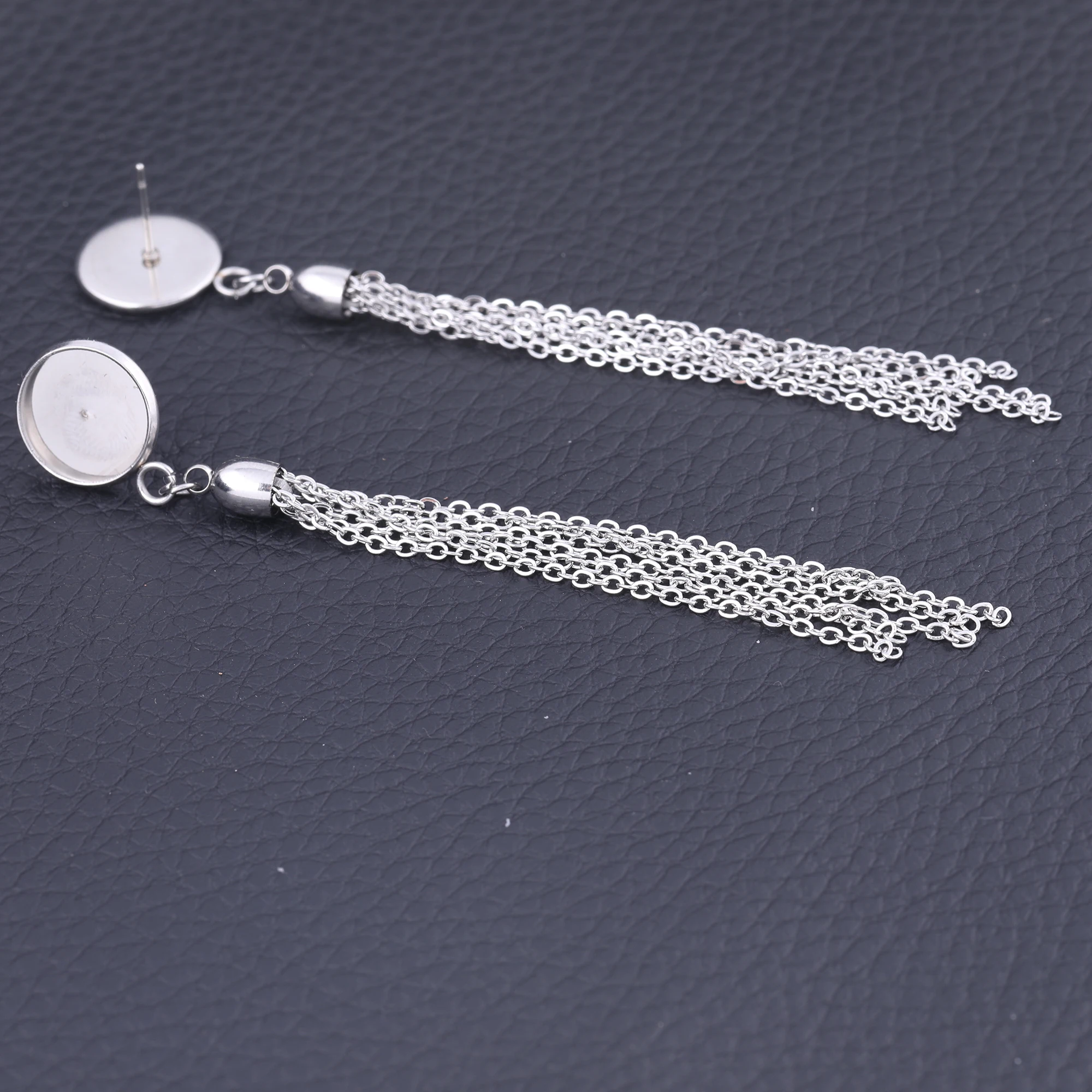 6pcs Stainless Steel Fit 12mm Cabochon Earring Base Blanks With Tassel Charms Diy Bezel Settings For Jewelry Making Supplies