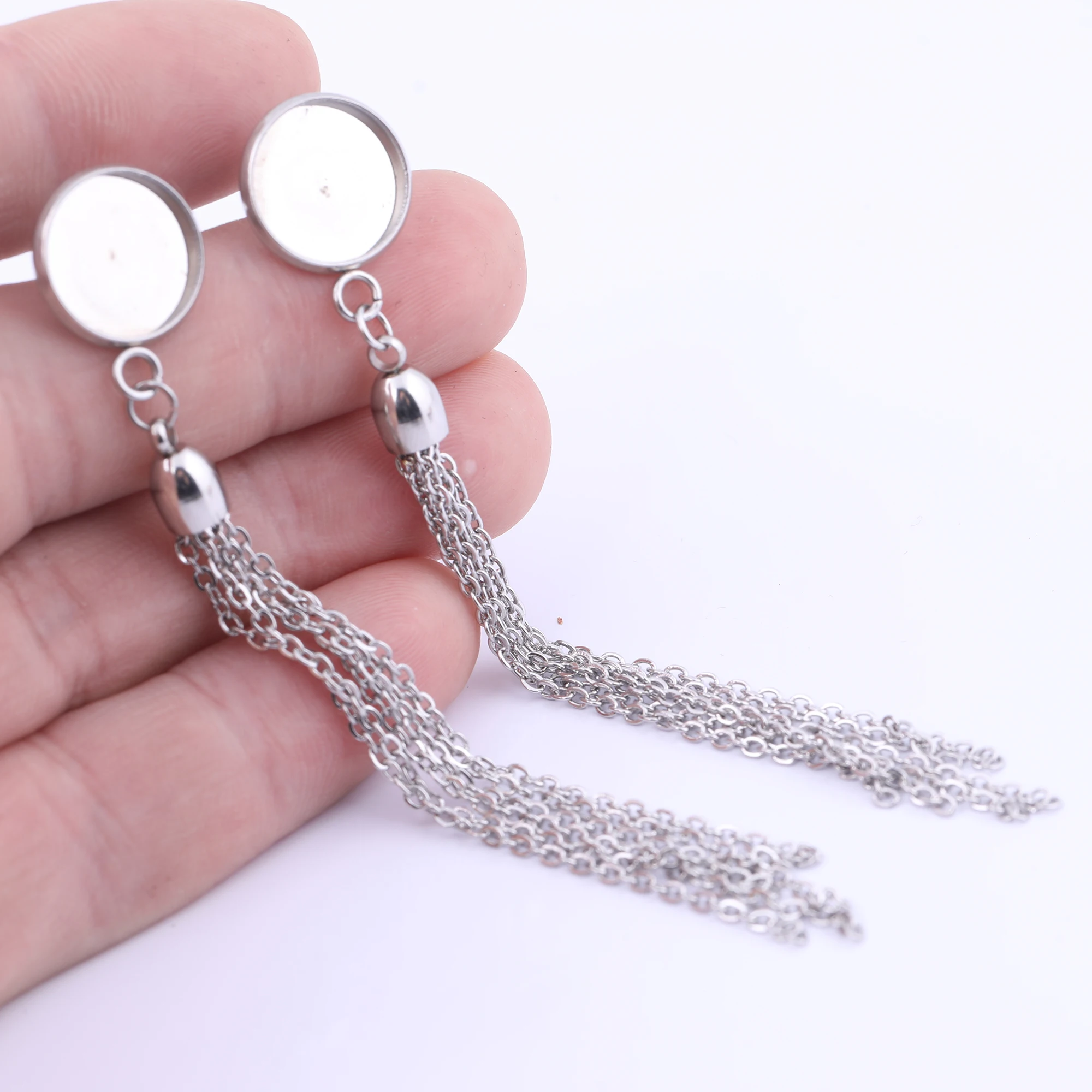 6pcs Stainless Steel Fit 12mm Cabochon Earring Base Blanks With Tassel Charms Diy Bezel Settings For Jewelry Making Supplies