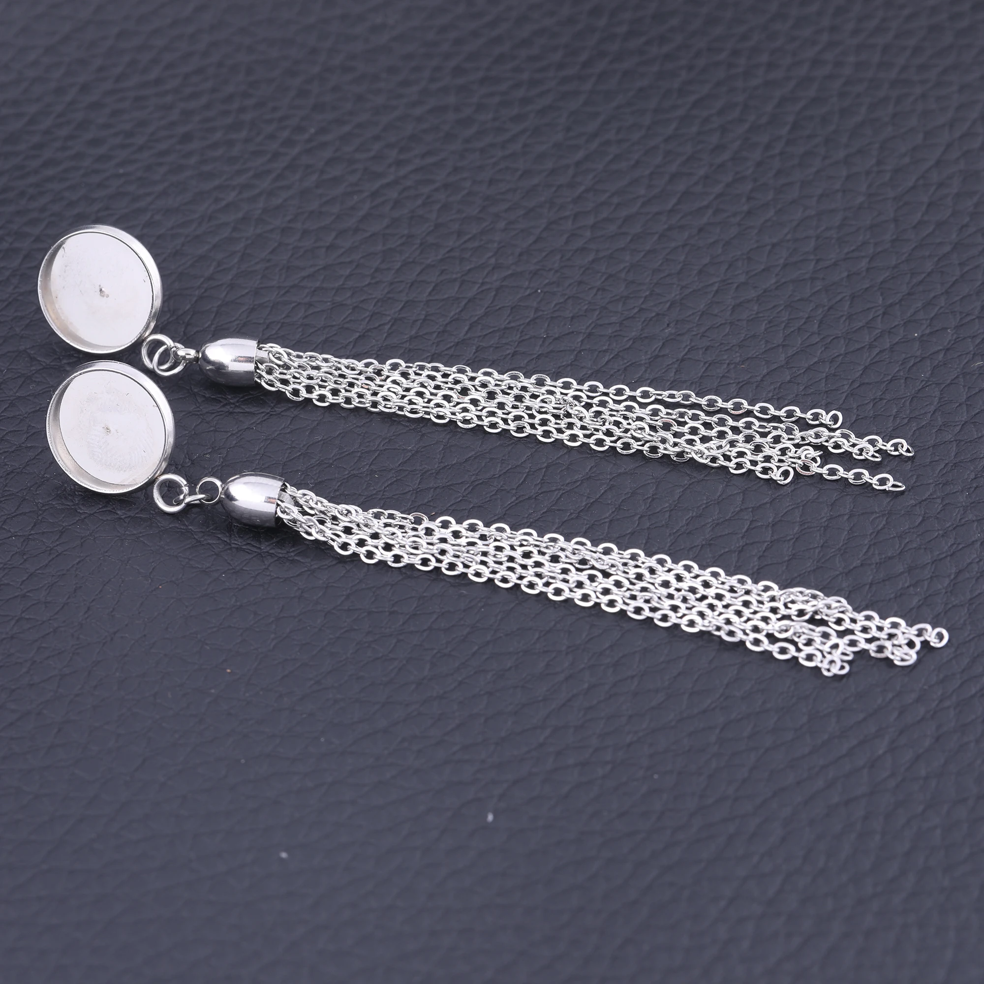 6pcs Stainless Steel Fit 12mm Cabochon Earring Base Blanks With Tassel Charms Diy Bezel Settings For Jewelry Making Supplies