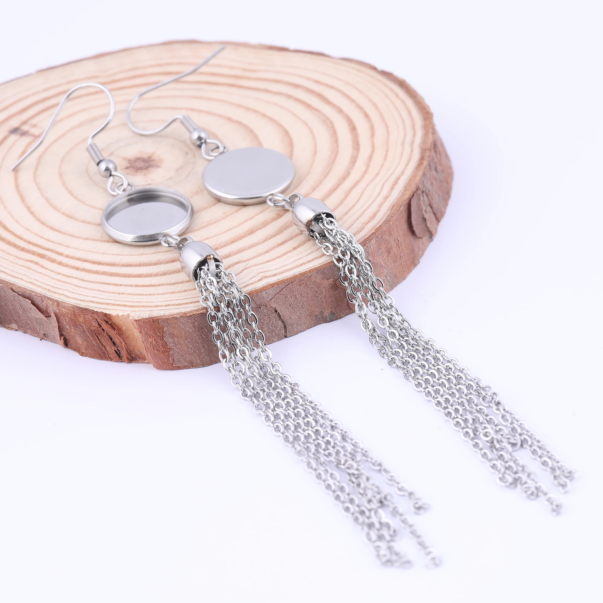 6pcs Stainless Steel Fit 12mm Cabochon Earring Base Blanks With Tassel Charms Diy Bezel Settings For Jewelry Making Supplies
