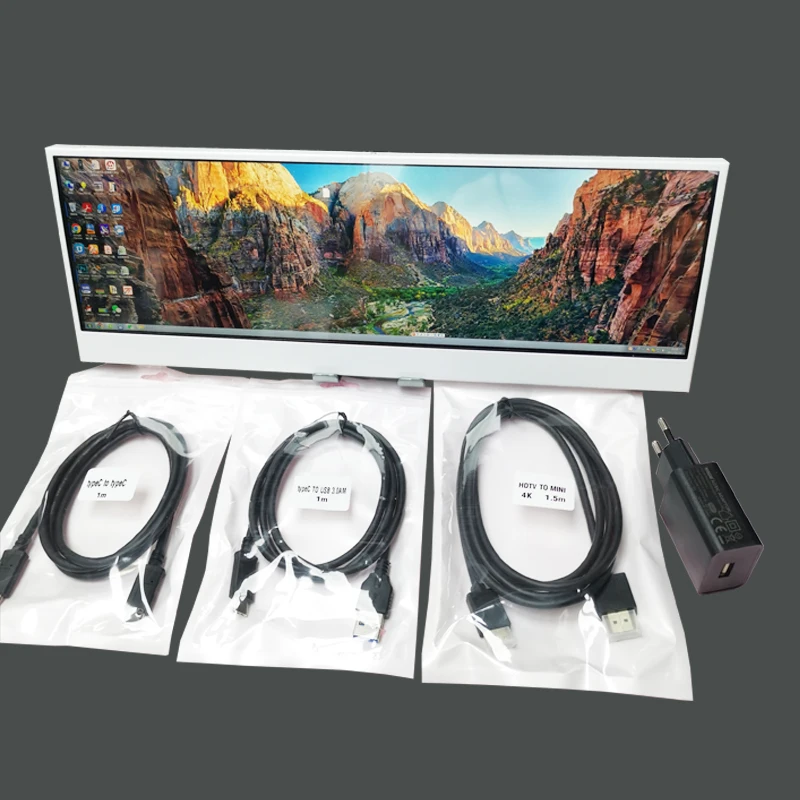 14 Inch 4K Bar Monitor IPS 3840x1100 Gaming Console Industrial Control Screen with Windows, Raspberry Pi, Android Phone, Type-C