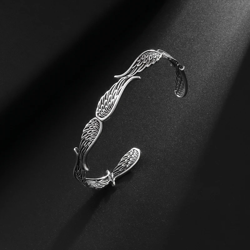 Retro Creative Design Angel Wings Metal Open Bangle Bracelets for Men Women Cool Glamour Party Biker Jewelry