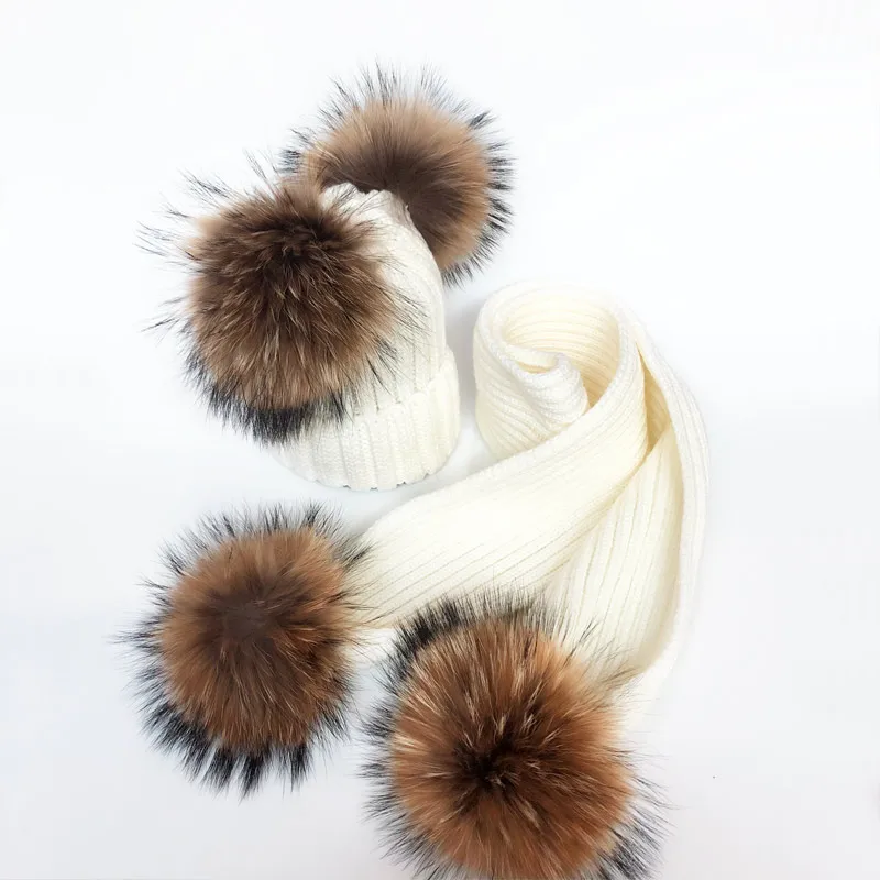 Parent-Child Winter hats Cute Baby fur Pompon Hat Scarf Sets Real Natural Fur Ball Caps Mother Kids Warm Knitted Hats Winter Bea