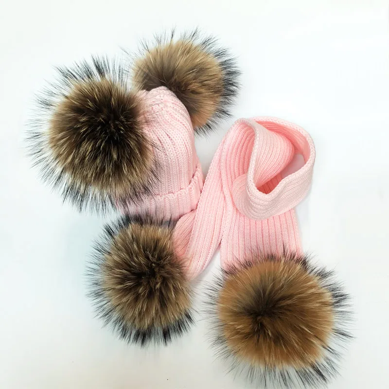 Parent-Child Winter hats Cute Baby fur Pompon Hat Scarf Sets Real Natural Fur Ball Caps Mother Kids Warm Knitted Hats Winter Bea