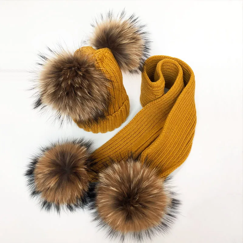 Parent-Child Winter hats Cute Baby fur Pompon Hat Scarf Sets Real Natural Fur Ball Caps Mother Kids Warm Knitted Hats Winter Bea