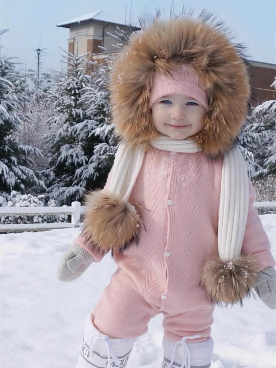 Parent-Child Winter hats Cute Baby fur Pompon Hat Scarf Sets Real Natural Fur Ball Caps Mother Kids Warm Knitted Hats Winter Bea