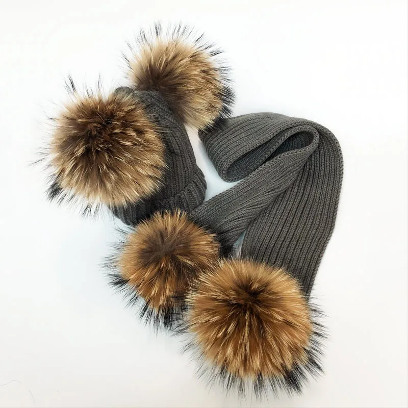 Parent-Child Winter hats Cute Baby fur Pompon Hat Scarf Sets Real Natural Fur Ball Caps Mother Kids Warm Knitted Hats Winter Bea
