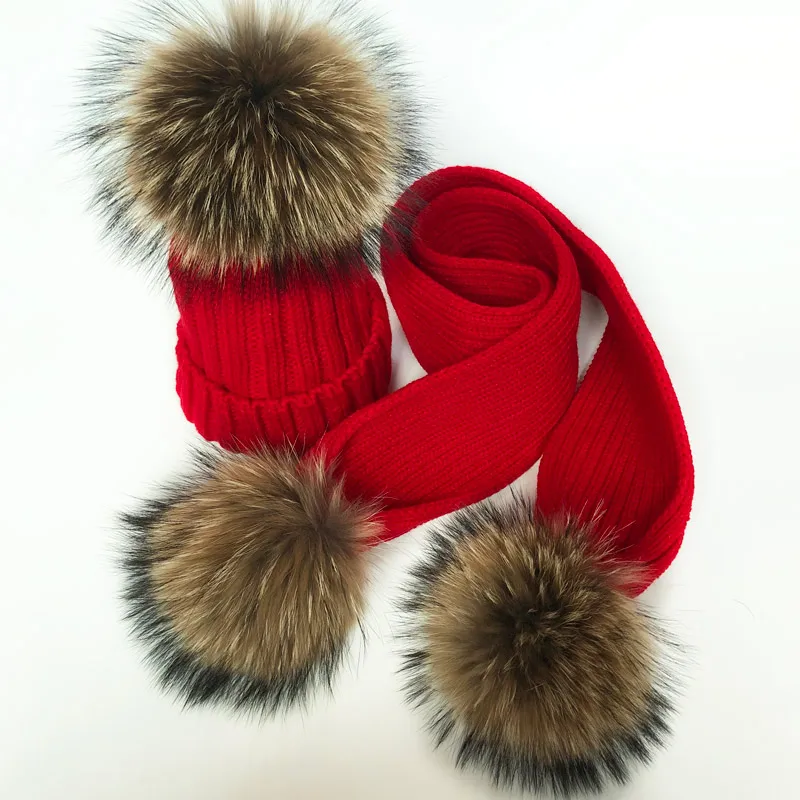 Parent-Child Winter hats Cute Baby fur Pompon Hat Scarf Sets Real Natural Fur Ball Caps Mother Kids Warm Knitted Hats Winter Bea