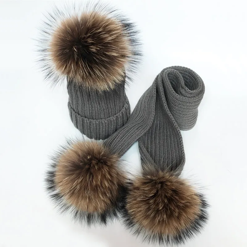 Parent-Child Winter hats Cute Baby fur Pompon Hat Scarf Sets Real Natural Fur Ball Caps Mother Kids Warm Knitted Hats Winter Bea