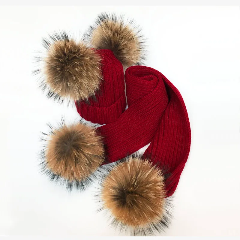 Parent-Child Winter hats Cute Baby fur Pompon Hat Scarf Sets Real Natural Fur Ball Caps Mother Kids Warm Knitted Hats Winter Bea
