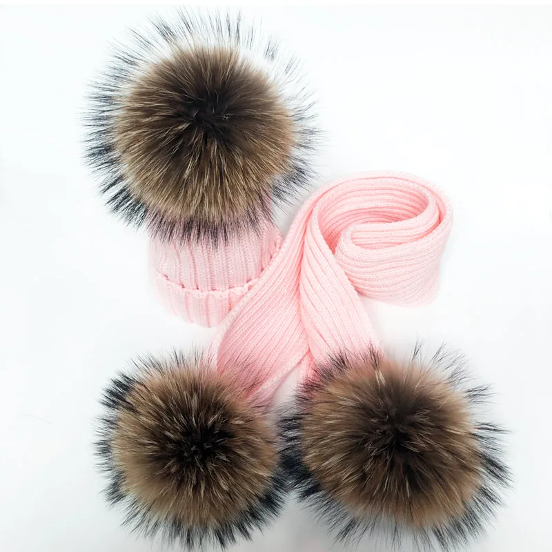 Parent-Child Winter hats Cute Baby fur Pompon Hat Scarf Sets Real Natural Fur Ball Caps Mother Kids Warm Knitted Hats Winter Bea