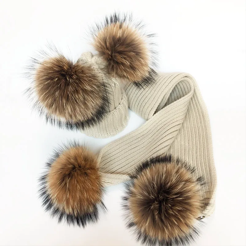 Parent-Child Winter hats Cute Baby fur Pompon Hat Scarf Sets Real Natural Fur Ball Caps Mother Kids Warm Knitted Hats Winter Bea