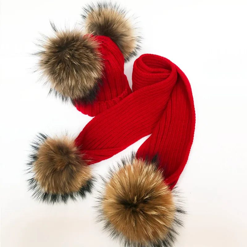 Parent-Child Winter hats Cute Baby fur Pompon Hat Scarf Sets Real Natural Fur Ball Caps Mother Kids Warm Knitted Hats Winter Bea