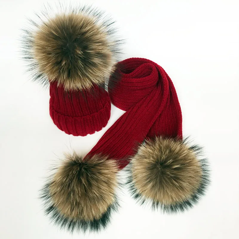 Parent-Child Winter hats Cute Baby fur Pompon Hat Scarf Sets Real Natural Fur Ball Caps Mother Kids Warm Knitted Hats Winter Bea